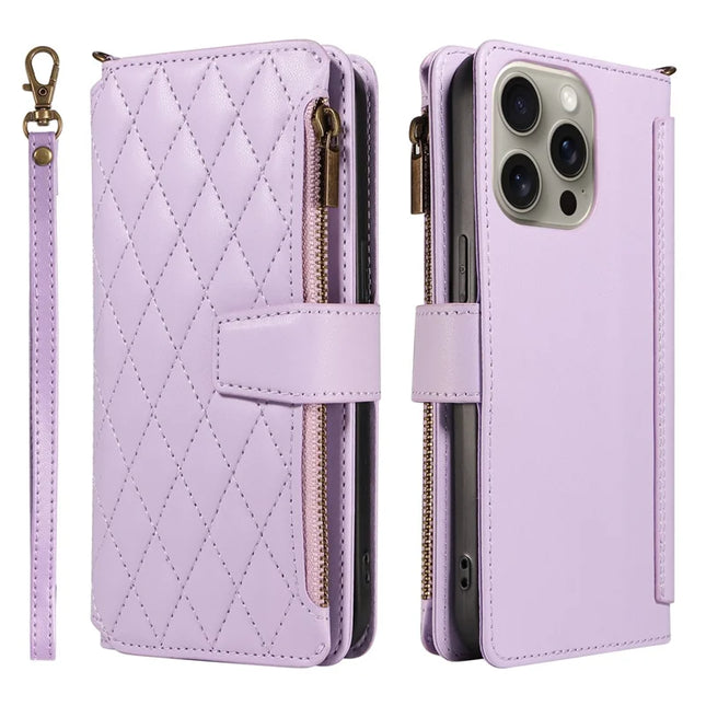For iPhone 16 Pro Max Leather Case with Card Holder, RFID Blocking Wallet Phone Cover Rhombus Pattern - Purple