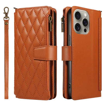For iPhone 16 Pro Max Leather Case with Card Holder, RFID Blocking Wallet Phone Cover Rhombus Pattern - Yellow