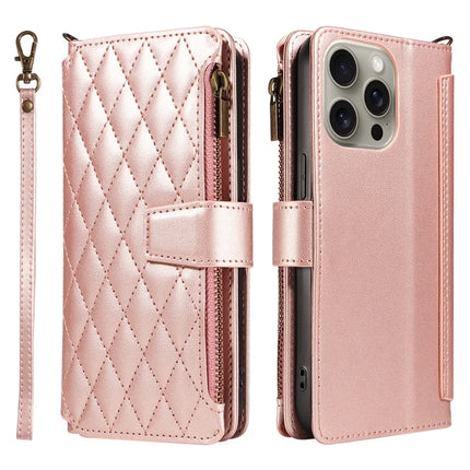 For iPhone 16 Pro Max Leather Case with Card Holder, RFID Blocking Wallet Phone Cover Rhombus Pattern - Rose Gold