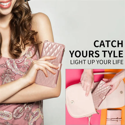 For iPhone 16 Pro Max Leather Case with Card Holder, RFID Blocking Wallet Phone Cover Rhombus Pattern