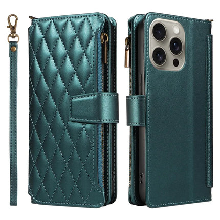 For iPhone 16 Pro Max Leather Case with Card Holder, RFID Blocking Wallet Phone Cover Rhombus Pattern - Dark Green
