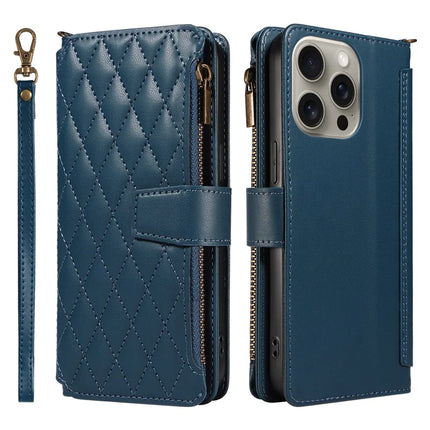 For iPhone 16 Pro Max Leather Case with Card Holder, RFID Blocking Wallet Phone Cover Rhombus Pattern - Blue