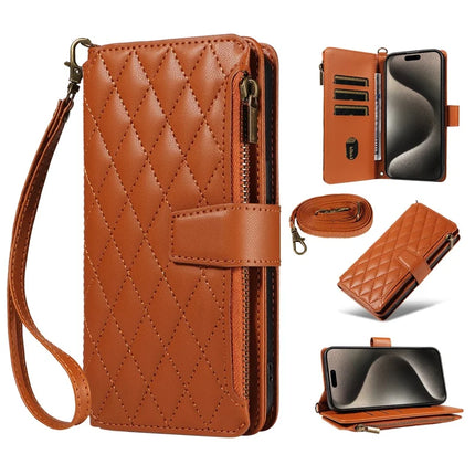 For iPhone 16 Pro Max Leather Case with Card Holder, Straps, RFID Blocking Wallet Phone Cover Rhombus Pattern - Yellow