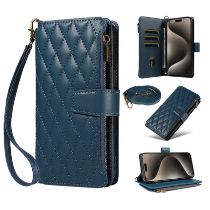 For iPhone 16 Pro Max Leather Case with Card Holder, Straps, RFID Blocking Wallet Phone Cover Rhombus Pattern - Blue
