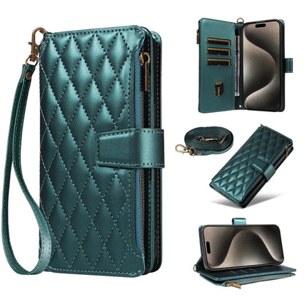 For iPhone 16 Pro Max Leather Case with Card Holder, Straps, RFID Blocking Wallet Phone Cover Rhombus Pattern - Dark Green