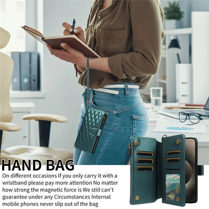 For iPhone 16 Pro Max Leather Case with Card Holder, Straps, RFID Blocking Wallet Phone Cover Rhombus Pattern