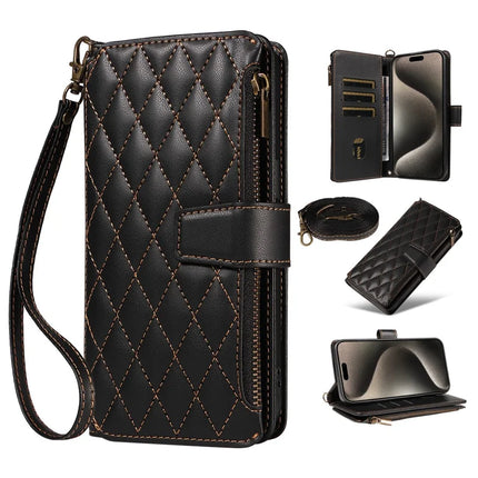 For iPhone 16 Pro Max Leather Case with Card Holder, Straps, RFID Blocking Wallet Phone Cover Rhombus Pattern - Black