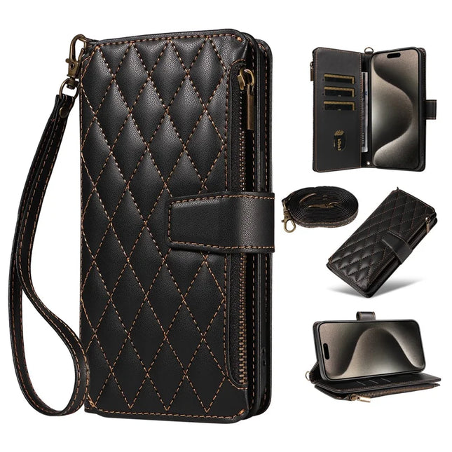For iPhone 16 Pro Max Leather Case with Card Holder, Straps, RFID Blocking Wallet Phone Cover Rhombus Pattern - Black