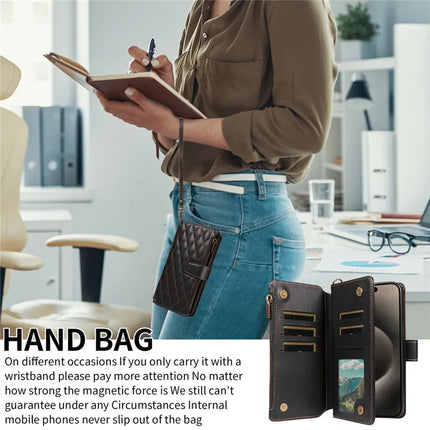 For iPhone 16 Pro Max Leather Case with Card Holder, Straps, RFID Blocking Wallet Phone Cover Rhombus Pattern