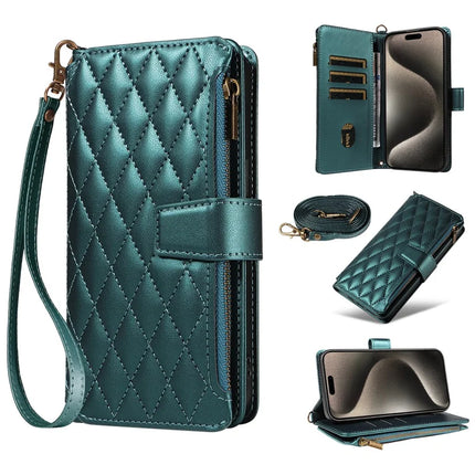 For iPhone 16 Pro Max Leather Case with Card Holder, Straps, RFID Blocking Wallet Phone Cover Rhombus Pattern - Dark Green