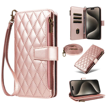For iPhone 16 Pro Max Leather Case with Card Holder, Straps, RFID Blocking Wallet Phone Cover Rhombus Pattern - Rose Gold