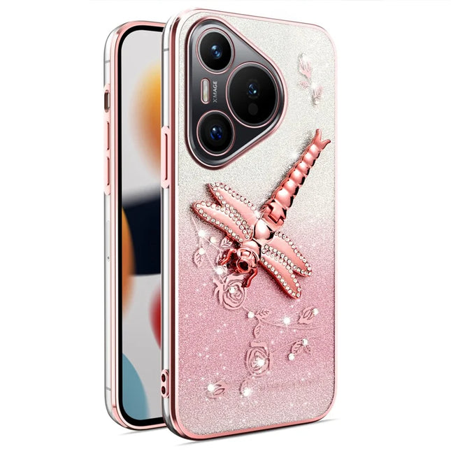 KADEM For Huawei Pura 70 Case Dragonfly Kickstand TPU Flowers Glitter Phone Cover - Pink