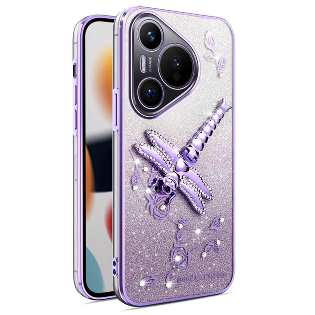 KADEM For Huawei Pura 70 Case Dragonfly Kickstand TPU Flowers Glitter Phone Cover - Purple