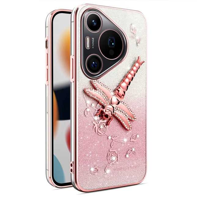 KADEM For Huawei Pura 70 Pro / Pura 70 Pro+ Case Dragonfly Kickstand TPU Flowers Glitter Phone Cover - Pink