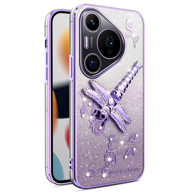 KADEM For Huawei Pura 70 Pro / Pura 70 Pro+ Case Dragonfly Kickstand TPU Flowers Glitter Phone Cover - Purple