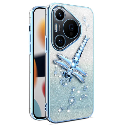 KADEM For Huawei Pura 70 Pro / Pura 70 Pro+ Case Dragonfly Kickstand TPU Flowers Glitter Phone Cover - Blue