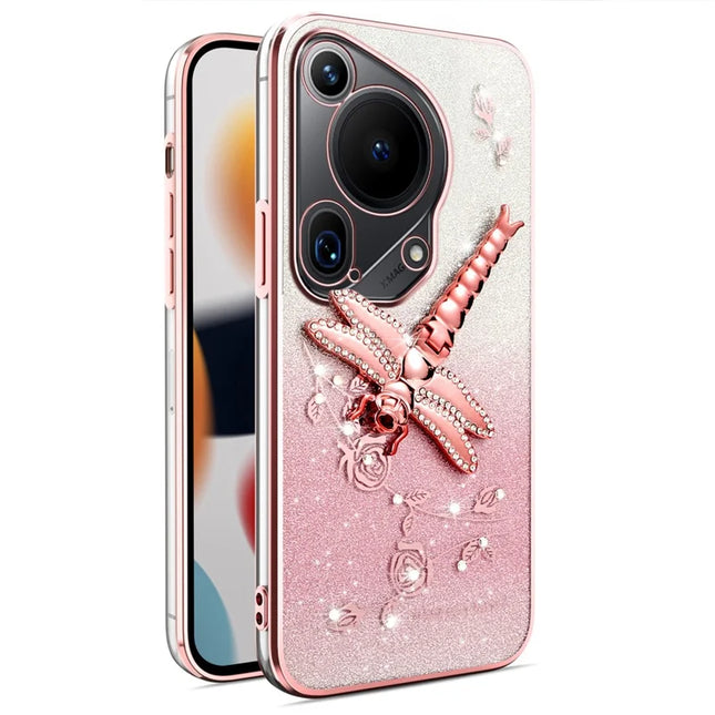 KADEM For Huawei Pura 70 Ultra Case Dragonfly Kickstand TPU Flowers Glitter Phone Cover - Pink