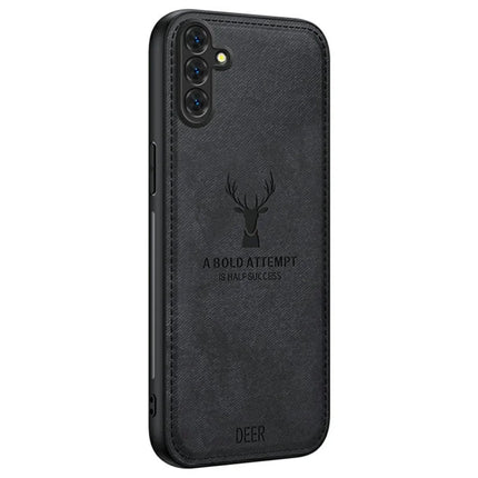 For Samsung Galaxy A16 4G / 5G Case Deer Pattern Cloth Texture PU Leather Hybrid Phone Cover - Black