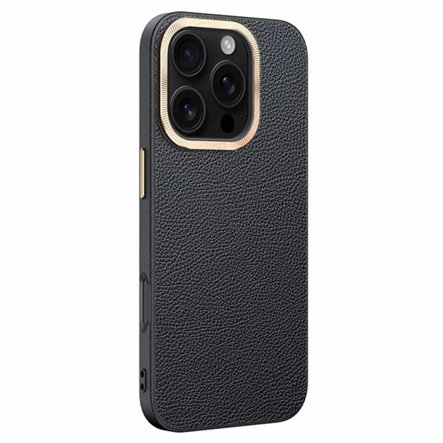 For iPhone 16 Pro Max Phone Case Leather+TPU Back Cover with Metal Lens Frame - Black