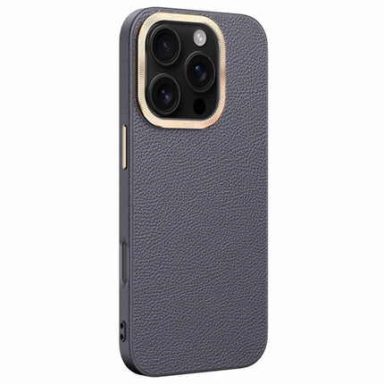 For iPhone 16 Pro Max Phone Case Leather+TPU Back Cover with Metal Lens Frame - Grey