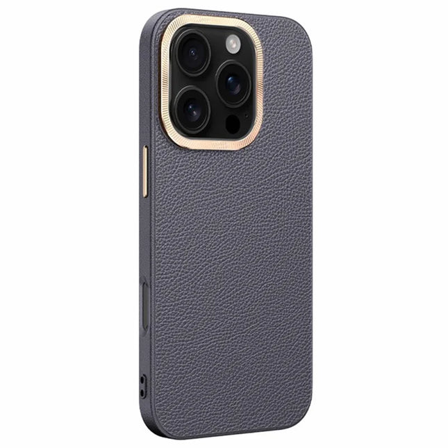 For iPhone 16 Pro Max Phone Case Leather+TPU Back Cover with Metal Lens Frame - Grey