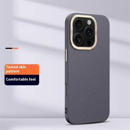 For iPhone 16 Pro Max Phone Case Leather+TPU Back Cover with Metal Lens Frame