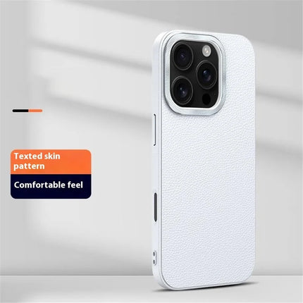 For iPhone 16 Pro Max Phone Case Leather+TPU Back Cover with Metal Lens Frame