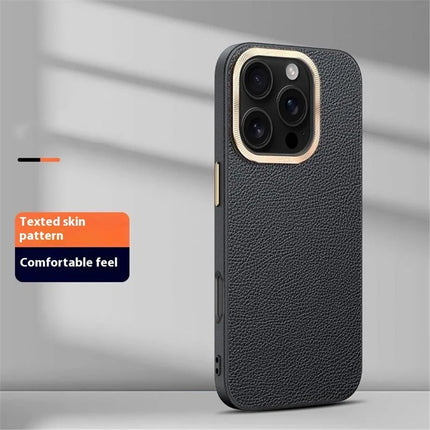 For iPhone 16 Pro Max Phone Case Leather+TPU Back Cover with Metal Lens Frame