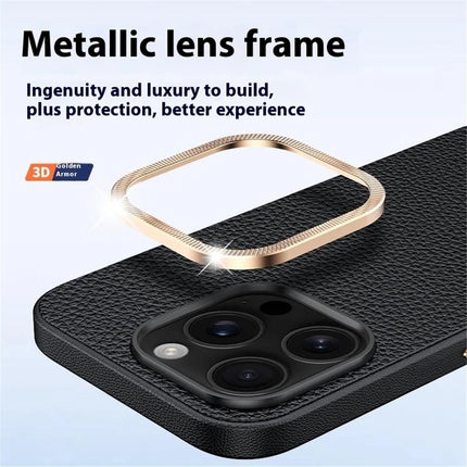 For iPhone 16 Pro Max Phone Case Leather+TPU Back Cover with Metal Lens Frame