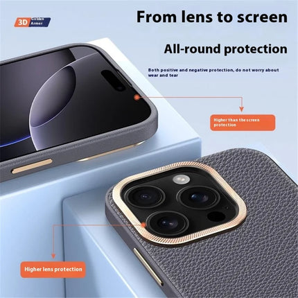 For iPhone 16 Pro Max Phone Case Leather+TPU Back Cover with Metal Lens Frame