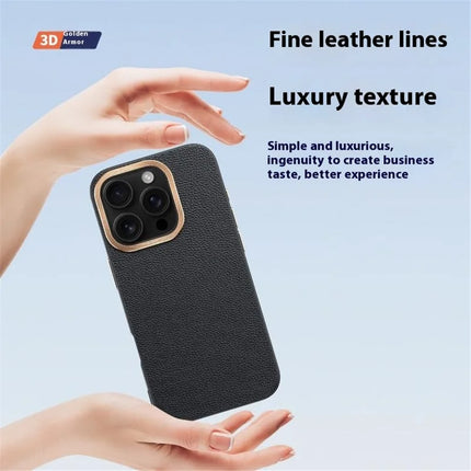 For iPhone 16 Pro Max Phone Case Leather+TPU Back Cover with Metal Lens Frame