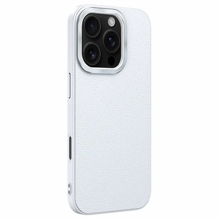 For iPhone 16 Pro Phone Case Leather+TPU Back Cover with Metal Lens Frame - White