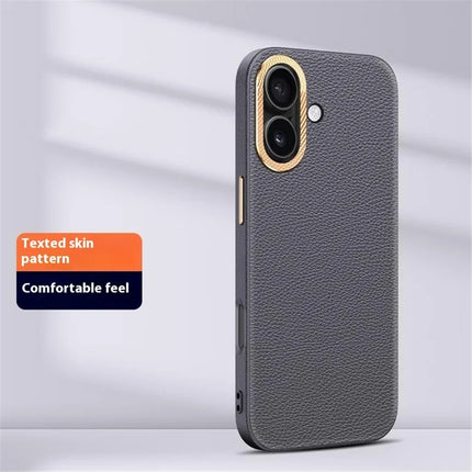 For iPhone 16 Phone Case Leather+TPU Back Cover with Metal Lens Frame