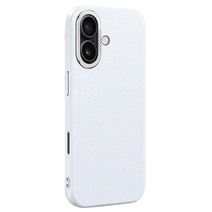 For iPhone 16 Plus Phone Case Leather+TPU Back Cover with Metal Lens Frame - White