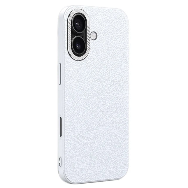 For iPhone 16 Plus Phone Case Leather+TPU Back Cover with Metal Lens Frame - White