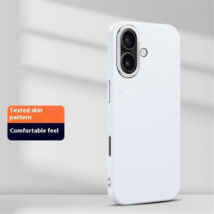 For iPhone 16 Plus Phone Case Leather+TPU Back Cover with Metal Lens Frame