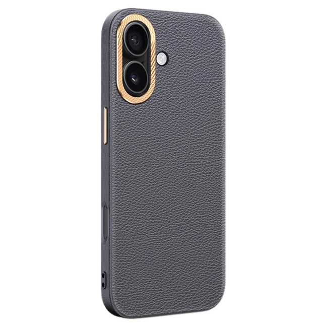 For iPhone 16 Plus Phone Case Leather+TPU Back Cover with Metal Lens Frame - Grey