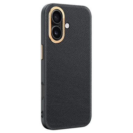 For iPhone 16 Plus Phone Case Leather+TPU Back Cover with Metal Lens Frame - Black