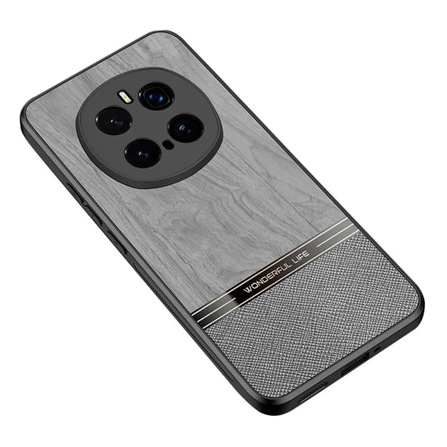 For Honor Magic7 Pro 5G Case Wood Texture Leather Coated TPU Phone Protective Cover - Grey