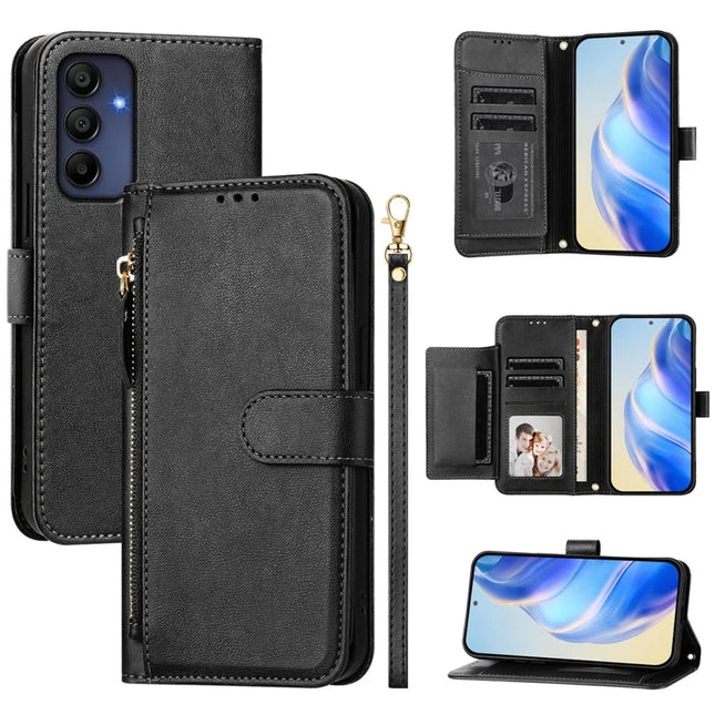 For Samsung Galaxy A16 5G / Galaxy A16 4G Case Zipper Pocket Multiple Card Slots Leather Phone Cover - Black