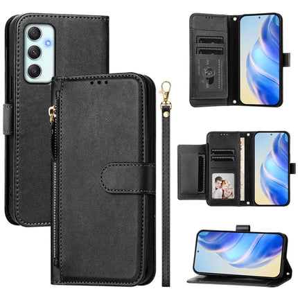 For Samsung Galaxy A35 5G Case Zipper Pocket Multiple Card Slots Leather Phone Cover - Black