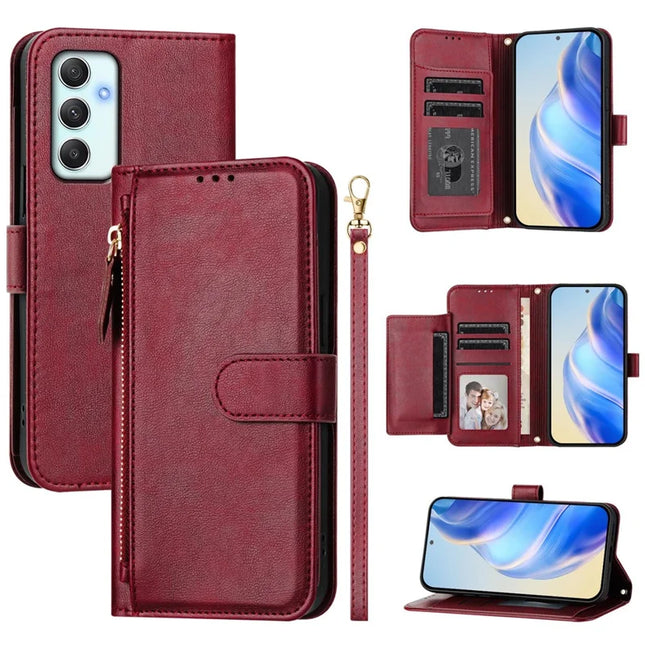 For Samsung Galaxy A35 5G Case Zipper Pocket Multiple Card Slots Leather Phone Cover - Red
