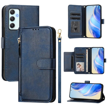 For Samsung Galaxy A35 5G Case Zipper Pocket Multiple Card Slots Leather Phone Cover - Blue