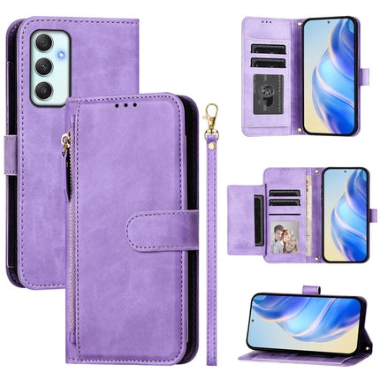 For Samsung Galaxy A35 5G Case Zipper Pocket Multiple Card Slots Leather Phone Cover - Purple