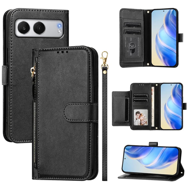 For OnePlus Nord 4 Case Zipper Pocket Multiple Card Slots Leather Phone Cover - Black