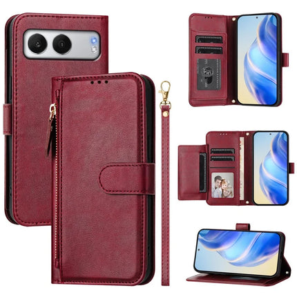 For OnePlus Nord 4 Case Zipper Pocket Multiple Card Slots Leather Phone Cover - Red