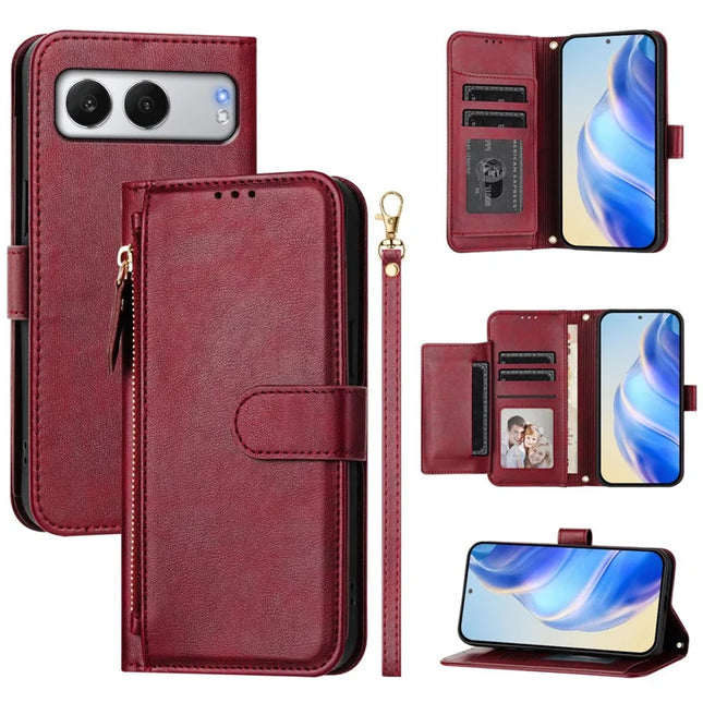 For OnePlus Nord 4 Case Zipper Pocket Multiple Card Slots Leather Phone Cover - Red