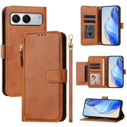 For OnePlus Nord 4 Case Zipper Pocket Multiple Card Slots Leather Phone Cover - Brown