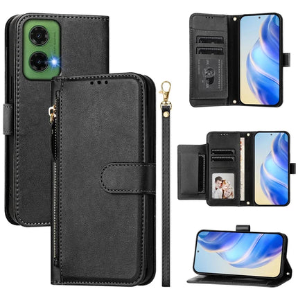 For Motorola Moto G35 5G Case Zipper Pocket Multiple Card Slots Leather Phone Cover - Black