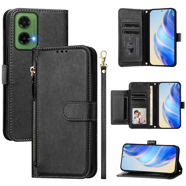For Motorola Moto G35 5G Case Zipper Pocket Multiple Card Slots Leather Phone Cover - Black